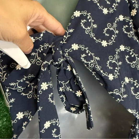 Francesca's Collection Gena Tie Back Embroidered Navy Puff Sleeve Mini Dress - Picture 8 of 16